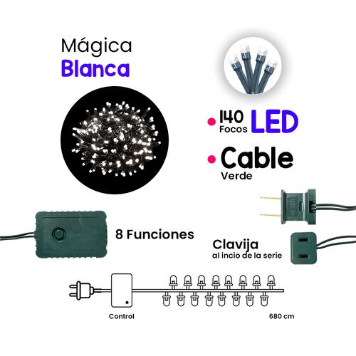 Serie Tira Navideña 140 Focos Luz Led Blanca Fría 6 Mts Recubrimiento Verde Navicolors