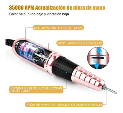 Pulidor Esmeril Drill Para Uñas Profesional Con pedal 35000rpm Rosa