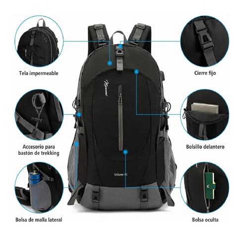 Mochila Impermeable 50l Para Senderismo Montañismo Negro