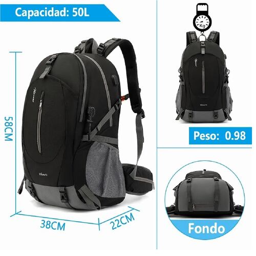 Mochila Impermeable 50l Para Senderismo Montañismo Negro