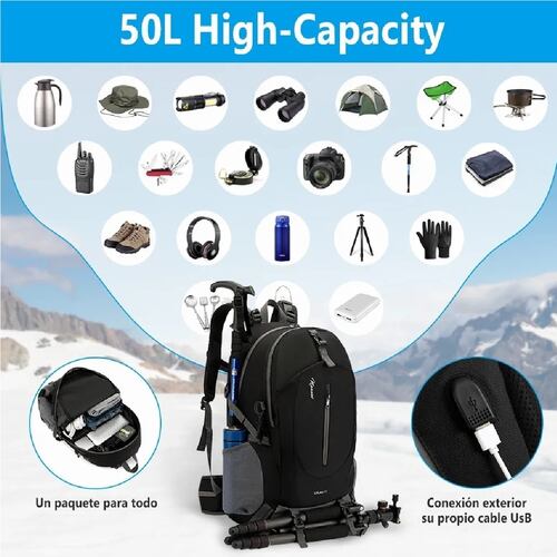 Mochila Impermeable 50l Para Senderismo Montañismo Negro