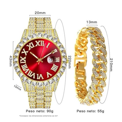 Reloj Y Pulsera De Diamantes Estilo Hip Hop, Dorado Y Rojo