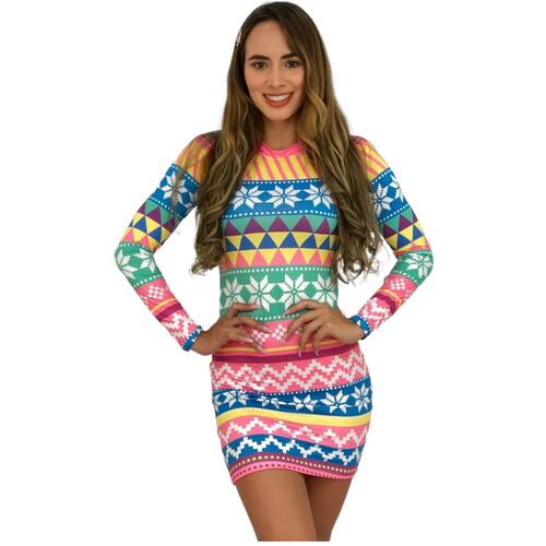 Vestido Corte Lápiz Corto Manga Larga Diseño navideño Señora Claus y Duende Navideño.