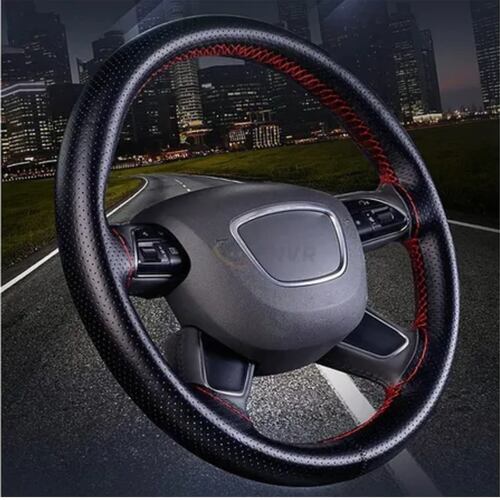 Funda De Volante De Piel Genuina Perforada Negra con Linea Roja 38 Cm