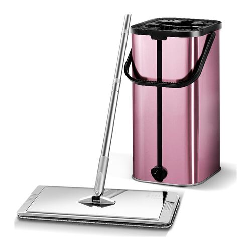 Cubeta cubo rosa para trapear con exprimidor con 2 almohadillas mop plano para limpieza de todo tipo de pisos