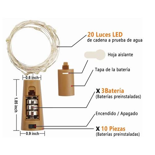 Luces Led Para Botellas De Vino 2m 20 Led A Pilas, 10 Uds
