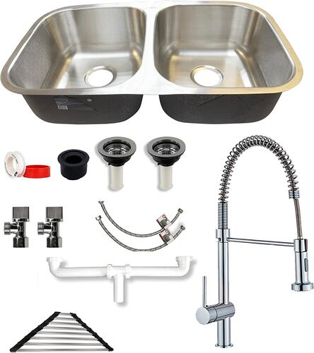 Kit de Tarja Doble de Acero Inoxidable con Mezcladora Monomando y Escurridor de Platos – Ideal para Cocinas Modernas y Espaciosas