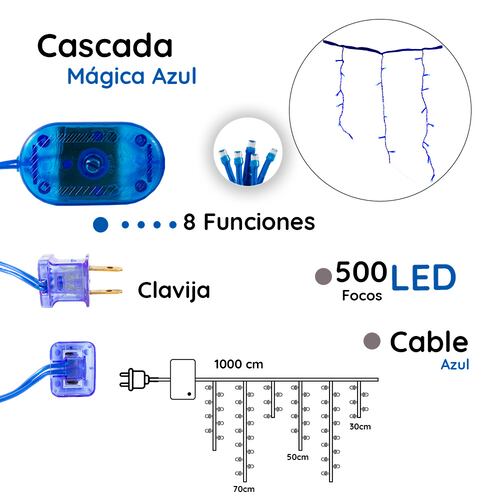 Serie Decorativa Cascada Luz Led Azul Foco Tipo Micrófono 8 Funciones Cable 8 m