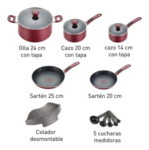 Batería Completa De Cocina Tfal  14 Piezas Roja