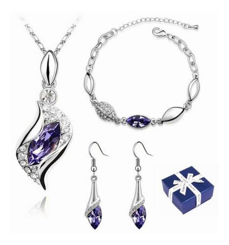 Conjunto De Collar, Aretes Y Brazalete Con Cristales Violeta