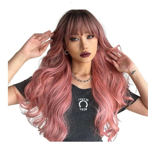 Peluca Larga Ondulada Cosplay Para Mujer Con Flequillo Rosa