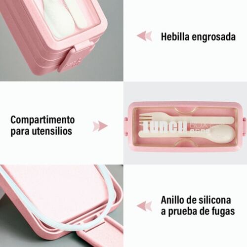 Box Lunch 3 Niveles Topper 1000ml Lonchera Bamboo Cubiertos. Rosa 