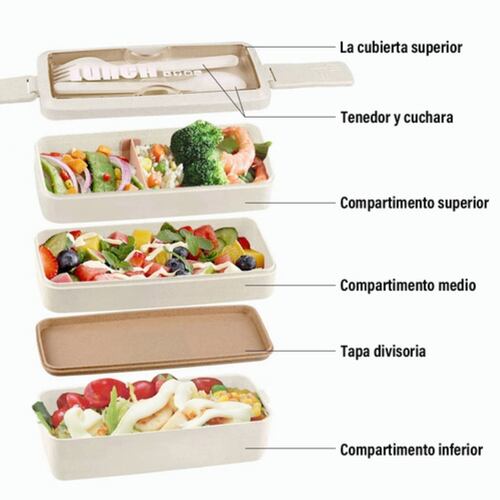 Box Lunch 3 Niveles Topper 1000ml Lonchera Bamboo Cubiertos. Beige 