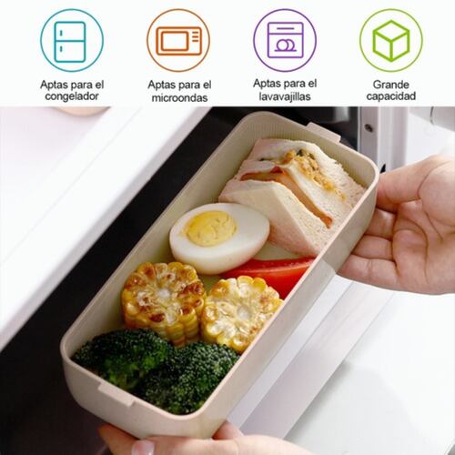 Box Lunch 3 Niveles Topper 1000ml Lonchera Bamboo Cubiertos. Beige 