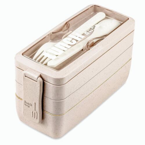 Box Lunch 3 Niveles Topper 1000ml Lonchera Bamboo Cubiertos. Beige 