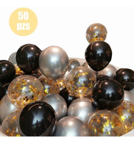 Kit Decoración Globos Metálicos Para Cortina 50pzs Dorados Negro