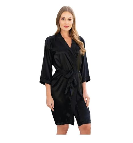 Bata Chica Satín Elegante Dama Ultra Suave Ligera Negra Tesso.