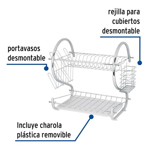 Escurridor de acero para trastes cocina con 2 niveles cromado 38 x 37 x 24 