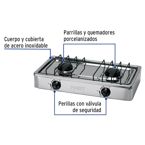 Parrilla de Gas 2 Quemadores Estufa de sobreponer Volteck Inoxidable 