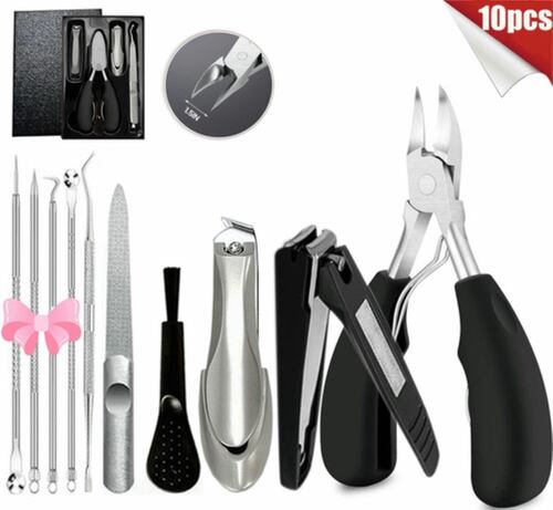 Alicate Para Uñas Corta Antisalpicaduras Pedicure Y Manicure 10 Pz Plata con Negro