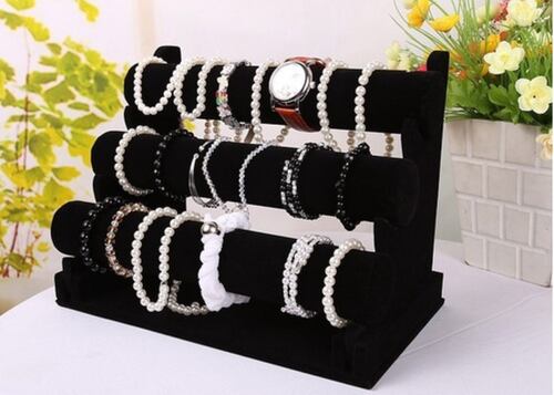 Exhibidor Porta Pulseras y joyeríacon porta Reloj Con 3 Niveles Negro