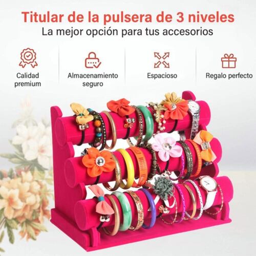 Exhibidor Porta Pulseras y joyeríacon porta Reloj Con 3 Niveles Rosa Fuscia