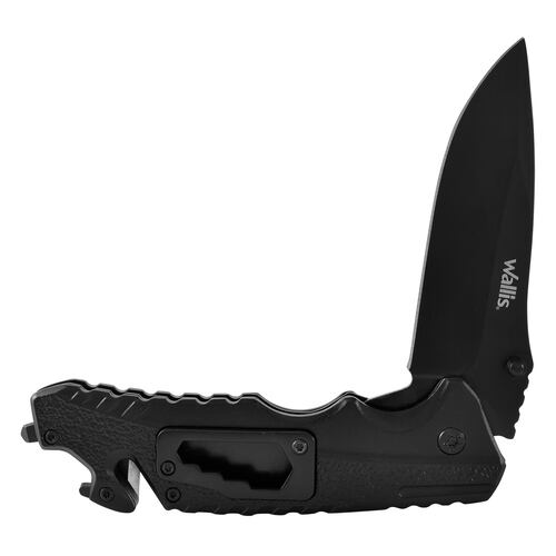 Navaja Wallis con mango de metal negro, hoja negra lisa, con clip