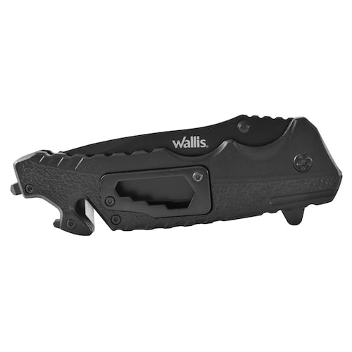 Navaja Wallis con mango de metal negro, hoja negra lisa, con clip