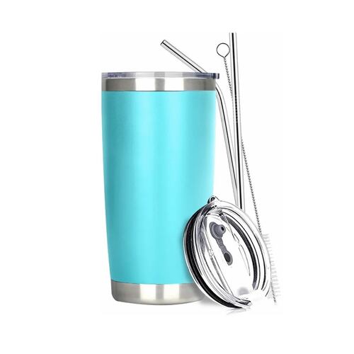 Vaso Térmico De 20oz Acero Inoxidable Con Popote Y Cepillo Verde Claro