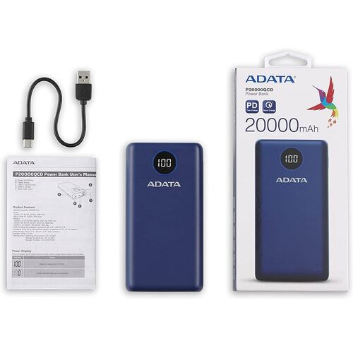 Bateria Adata P20000QCD 20000mAh Azul USB Power Bank Cargador Portatil AP20000QCD-DGT-CDB.