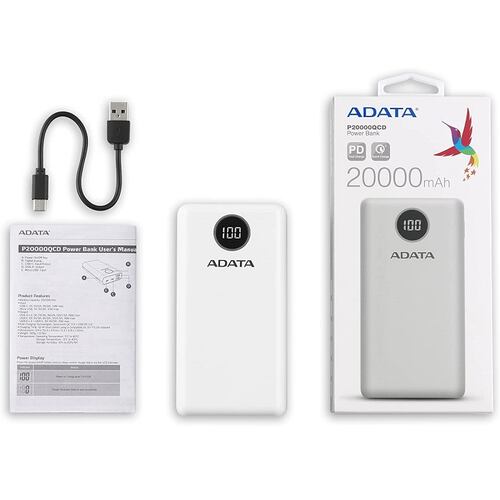 Bateria Adata P20000QCD 20000mAh Blanco USB Power Bank Cargador Portatil AP20000QCD-DGT-CWH.
