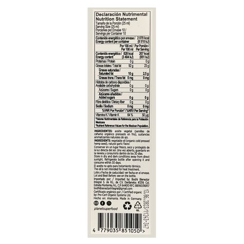 Aceite Vegetal de Semillas de Cáñamo Orgánico, Sabor Ajo 250ml