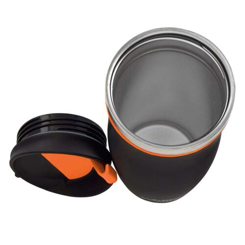 Vaso térmico de acero inoxidable, con tapa rosca, 450 ml, negro/naranja.