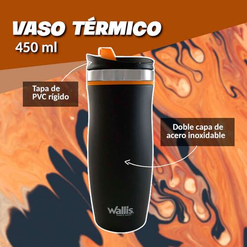 Vaso térmico de acero inoxidable, con tapa rosca, 450 ml, negro/naranja.