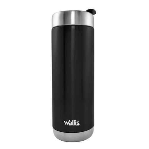 Termo de acero inoxidable con popote y taparrosca, 600 ml, negro metálico