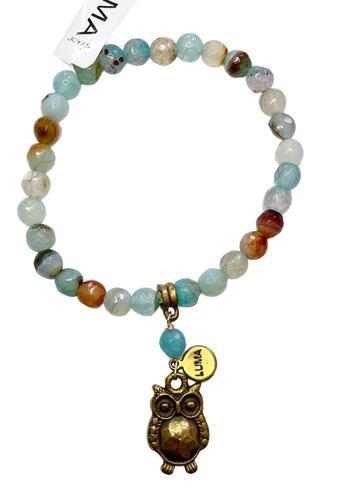 Pulsera elástica hilo Ágatas Pastel y Dije metal  Búho Luma
