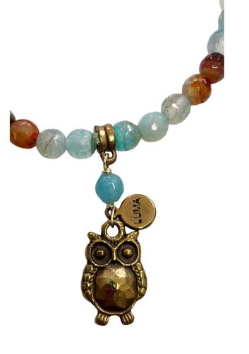Pulsera elástica hilo Ágatas Pastel y Dije metal  Búho Luma