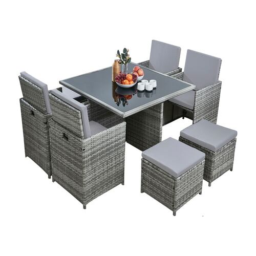 Comedor para Jardin Juego de 8 sillas de ratán acojinadas con Mesa de Vidrio Templado 