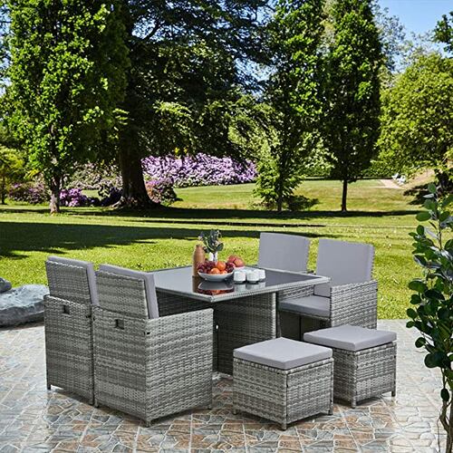 Comedor para Jardin Juego de 8 sillas de ratán acojinadas con Mesa de Vidrio Templado 