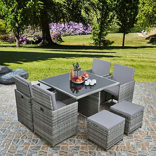 Comedor para Jardin Juego de 8 sillas de ratán acojinadas con Mesa de Vidrio Templado 