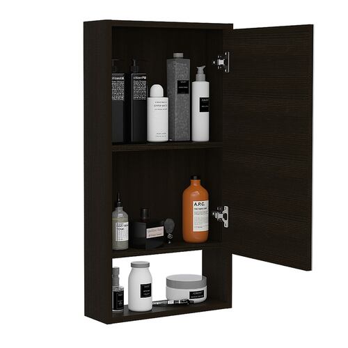 Gabinete organizador armable para baño con espejo y entrepaños Mariana color chocolate .
