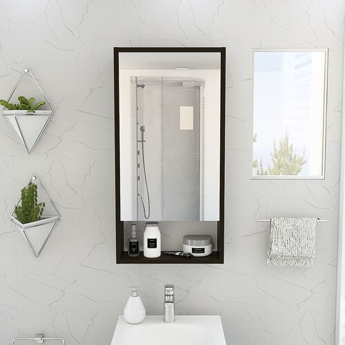 Gabinete organizador armable para baño con espejo y entrepaños Mariana color chocolate .