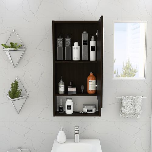 Gabinete organizador armable para baño con espejo y entrepaños Mariana color chocolate .