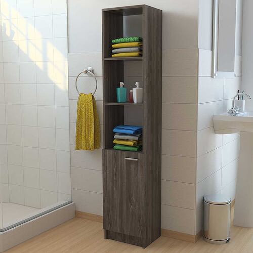 Estante organizador armable para baño Malaga con entrepaños y una puerta color chocolate.
