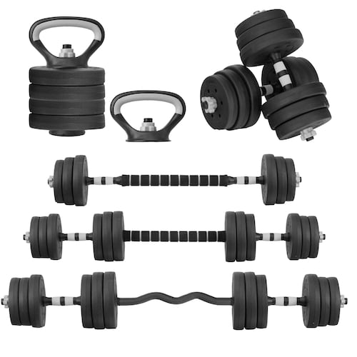 Kit de Mancuernas Altera Con Peso Ajustable 20 KG (Barra Recta + Barra Z + Par de mancuernas + Pesa Rusa + Discos Intercambiables)