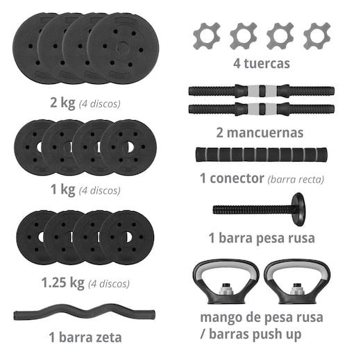 Kit de Mancuernas Altera Con Peso Ajustable 20 KG (Barra Recta + Barra Z + Par de mancuernas + Pesa Rusa + Discos Intercambiables)