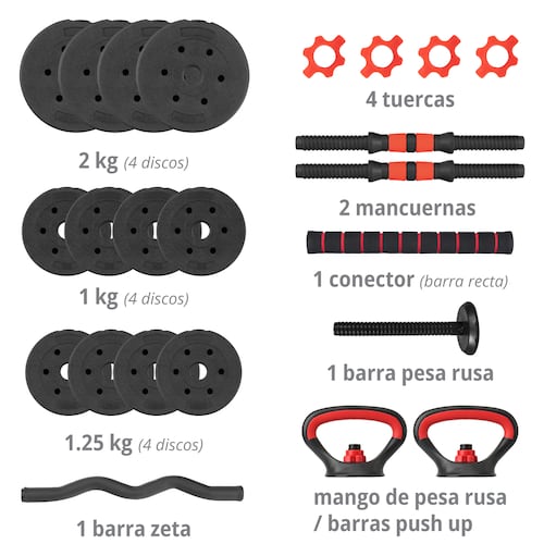 Kit de Mancuernas Altera Con Peso Ajustable 20 KG (Barra Recta + Barra Z + Par de mancuernas + Pesa Rusa + Discos Intercambiables)
