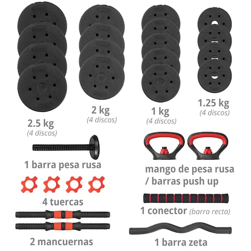 Kit de Mancuernas Altera Con Peso Ajustable 30 KG (Barra Recta + Barra Z + Par de mancuernas + Pesa Rusa + Discos Intercambiables)