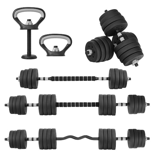 Kit de Mancuernas Altera Con Peso Ajustable 30 KG (Barra Recta + Barra Z + Par de mancuernas + Pesa Rusa + Discos Intercambiables)