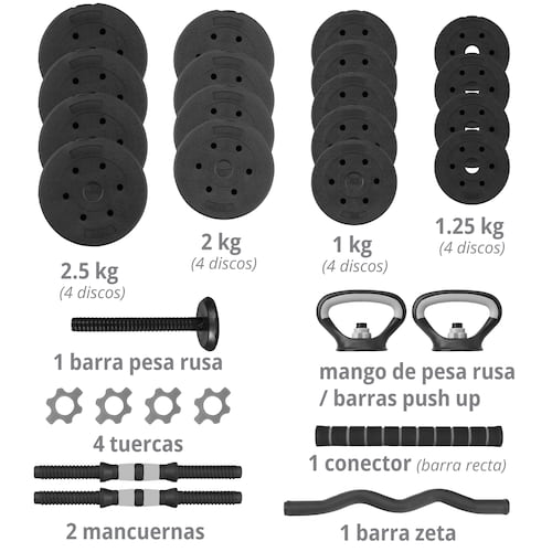Kit de Mancuernas Altera Con Peso Ajustable 30 KG (Barra Recta + Barra Z + Par de mancuernas + Pesa Rusa + Discos Intercambiables)